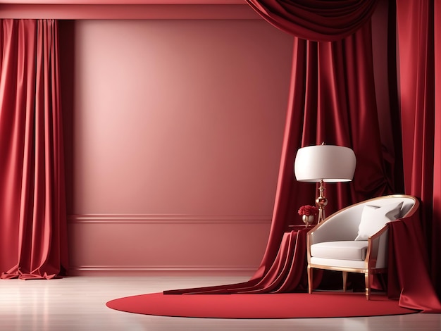 Mock-up 3D-Rendering luxuriöser roter, marronfarbener leerer Wand in einem Raum mit Seidenvorhängen
