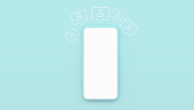 Mock up 3d de smartphone azul con ilustración de iconos de seguidores