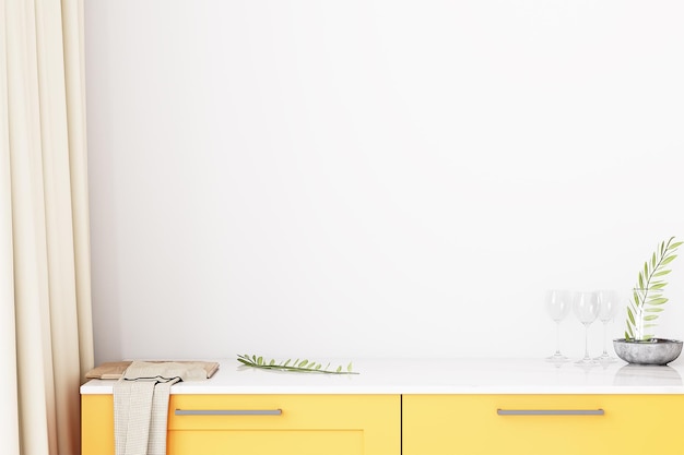 Mock up armário de cozinha amarelo cartaz com um balcão branco e uma toalha de mesa branca