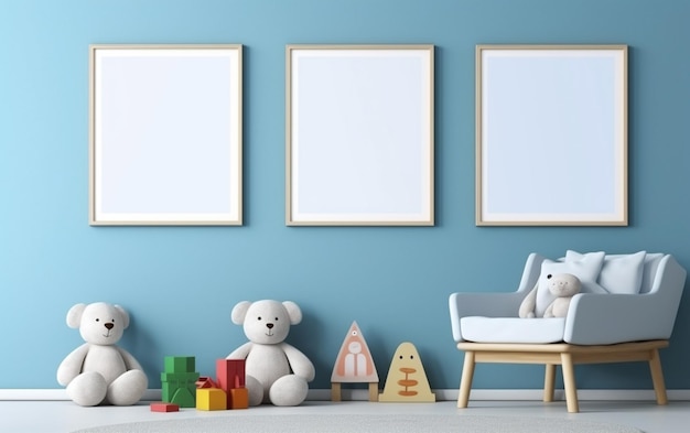 Mock up cartazes em cartazes interiores de quarto de criança em fundo de parede azul vazio
