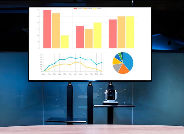 Mock up chart slide show apresentação na tv com câmera webcam na sala de reuniões