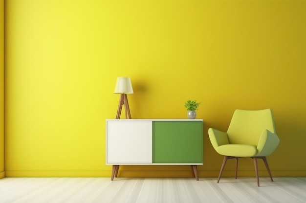 Mock up de sala em estilo moderno com armário de poltrona e fundo amarelo imagem gerada por IA