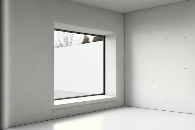 Mock up de uma parede branca em branco com uma janela e um piso de concreto