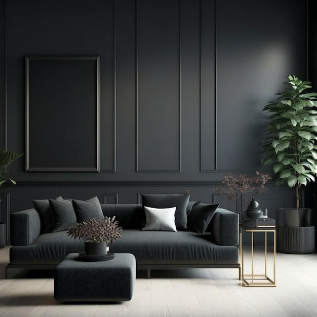 Mock-up der leeren Wand in Luxus Modern Dark Living Room Interior Design Generative AI