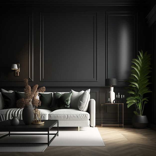 Mock-up der leeren Wand in Luxus Modern Dark Living Room Interior Design Generative AI