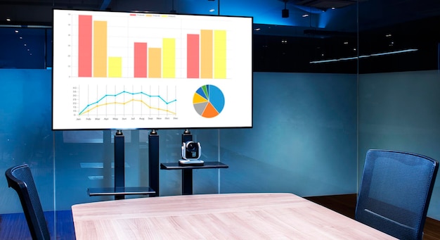Mock-up-Diashow-Präsentation auf Display-Fernseher mit Kamera-Webcam im Besprechungsraum