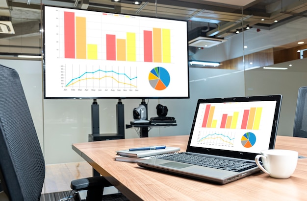 Mock-up-Diashow-Präsentation auf Display-Laptop und Fernseher im Besprechungsraum