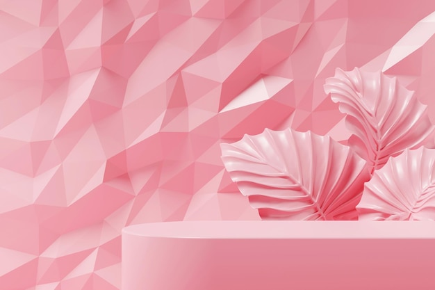 Mock up do pódio com folha rosa surreal para apresentação do produto na renderização 3d de fundo de padrão de geometria