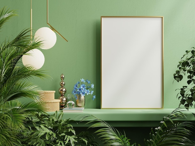 Mock up do quadro de pôster na prateleira verde com belas plantas renderização em 3D