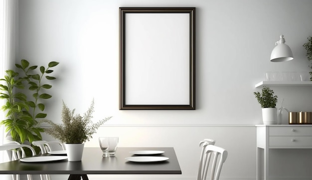 Mock up do quadro em branco do pôster no interior da sala de jantar com fundo de parede branca Generative AI