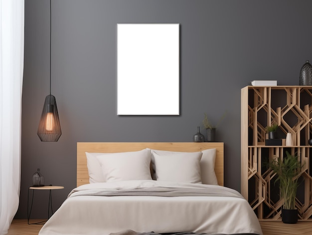 Foto mock-up eines bildes an der wand in einem raum mit einem großen bett in dunklen tönen