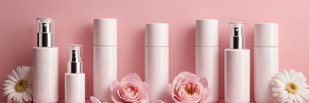 Mock-up eines Hautpflegeprodukts in leeren weißen Kosmetikflaschen auf weichem rosa Hintergrund mit Blumen