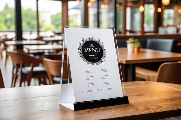 Foto mock up etiquetar el marco de menú en blanco en el restaurante del bar stand para folletos con hojas blancas papel acrílico tarjeta de carpa de madera