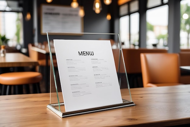 Mock up Etiquetar el marco de menú en blanco en el restaurante del bar Stand para folletos con hojas blancas papel acrílico tarjeta de carpa de madera