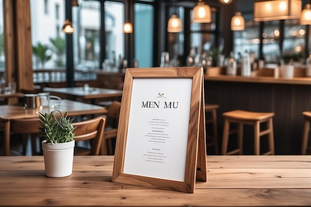 Foto mock up etiquete o quadro de menu em branco no restaurante do bar stand para folhetos com folhas brancas papel acrílico carta de tenda em madeira