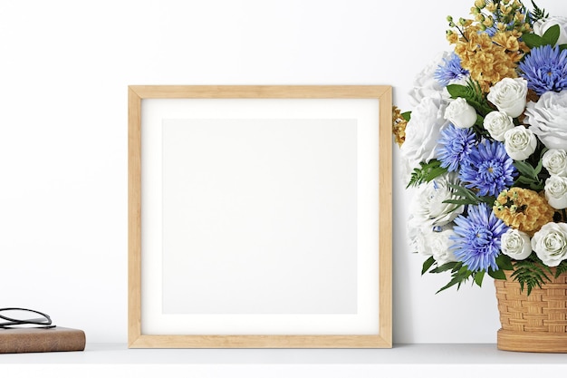 Mock up frame ao lado de um buquê de flores