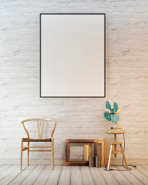 Mock up frame do cartaz no fundo interior do conceito de parede de tijolo branco com renderização em 3D de cadeira e ar divertido