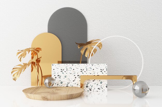 Mock-up geometrische Form Gold und Glas Textur mit weißer Farbe Podium für Produktdesign 3D-Rendering 3D-Illustration