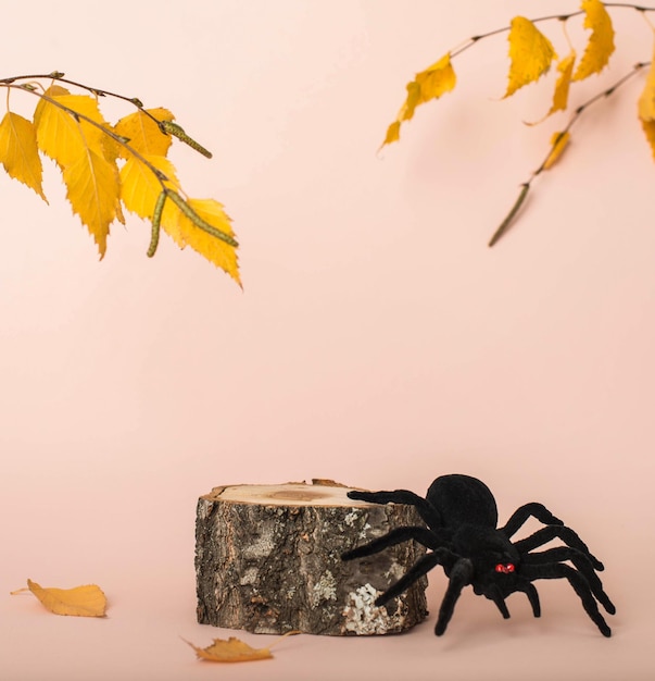 Foto mock up con halloween producto de madera podio araña negra y hojas de otoño