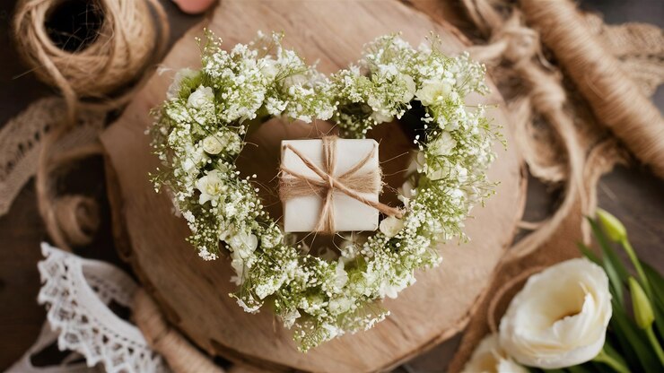 Foto mock-up-komposition aus weißen blumen, rustikalen herzen und ein geschenk für st.