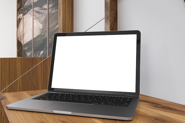 Mock-up-Laptop-Bildschirm auf einem Holztisch eines Home-Office in einem Raum mit weißen und hölzernen Wänden. Freelance- und Marketingkonzept. 3D-Rendering