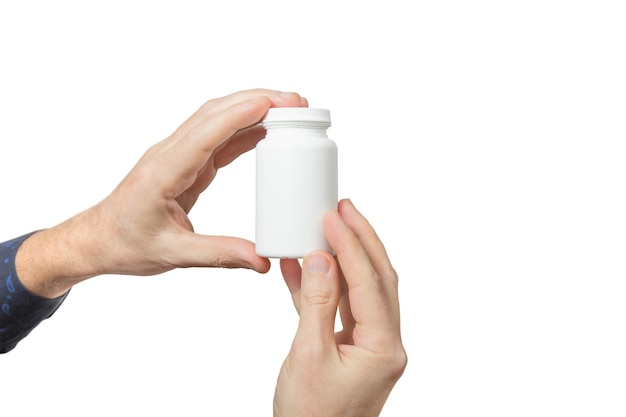 Mock-up-Layout Hände halten Plastikbehälter für Pillen