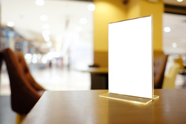 Foto mock up menu frame de pé na mesa de madeira no bar restaurante cafe. espaço para texto.