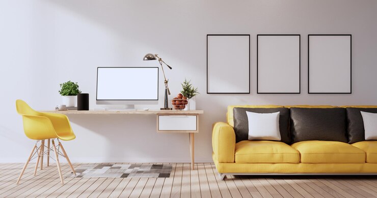 Foto mock up mesa de escritório em branco tela de computador na sala moderna de escritório renderização em 3d