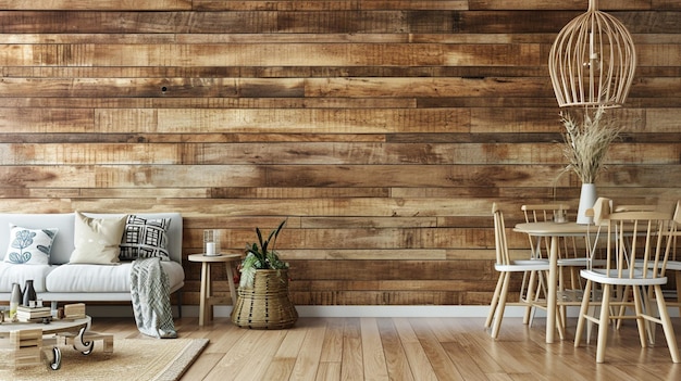 Foto mock up pared en boho fondo interior diseño de sala de estar de madera generativo ai