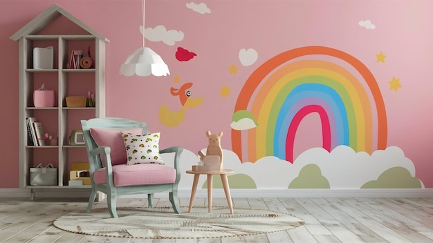 Mock up parede na sala das crianças com cadeira em cor rosa claro parede background3d rendering