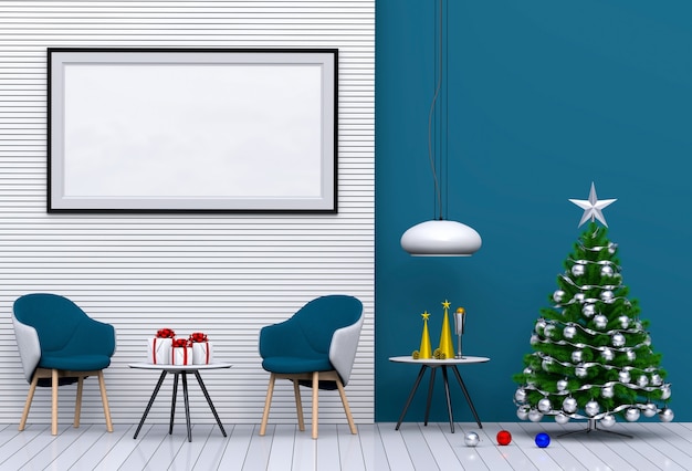 Mock-up-Plakatrahmen Weihnachtsinnenwohnzimmer. 3D-Rendering