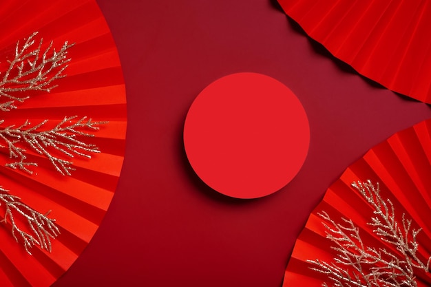 Mock-up Podium Runde Bühne oder Sockel und Papierkunst Chinesisches Neujahrssymbol Draufsicht