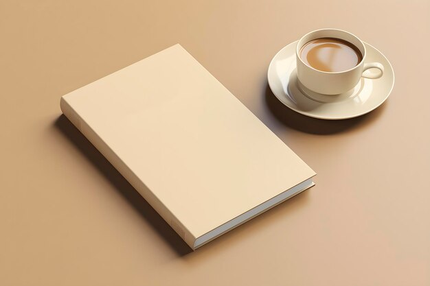 Mock up de una portada de libro en una mesa junto a una taza de café generada por IA