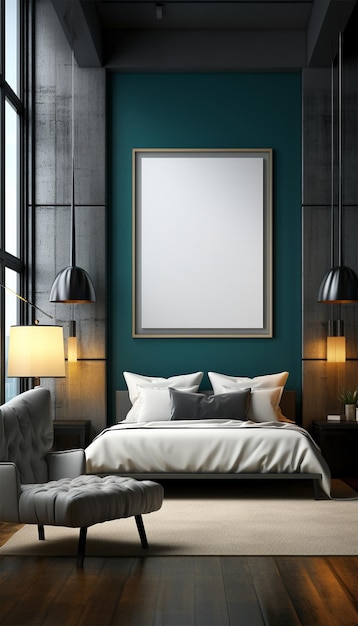 Mock-up-Poster mit einem Rahmen an der Wand im Schlafzimmerinterieur3d-Rendering Stylish modern