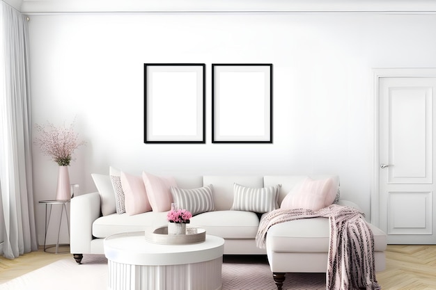 Mock-up-Posterinterieur mit Sofa und rosa Dekorationen A4