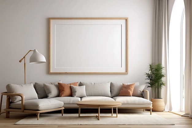 Mock-up Posterrahmen in einem modernen Wohnzimmer mit weißen Wänden Holzboden bequemer Sofa