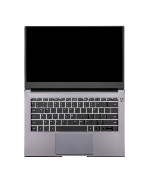 Mock up preto em uma tela de laptop aberta, isolada em uma vista superior de fundo branco