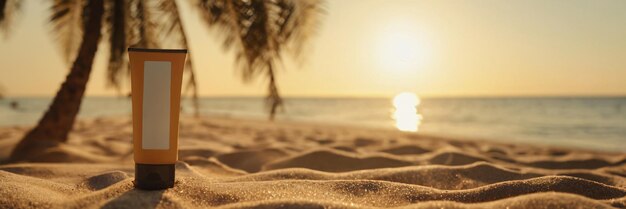 Mock up de un producto de cuidado de la piel protector solar en un tubo naranja en una playa de arena bajo una palmera cerca del océano