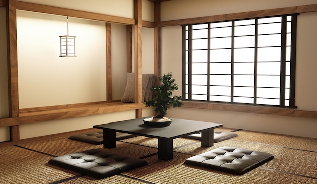 Mock up, projetado especificamente em estilo japonês, sala de estar. Renderização 3D