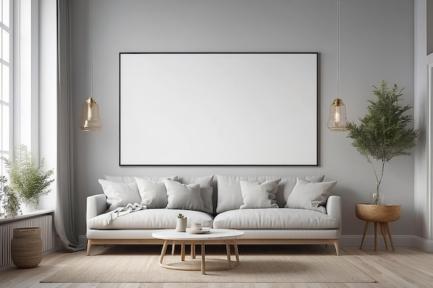 Mock up quadro de cartaz em interior moderno fundo sala de estar estilo escandinavo ilustração 3D renderização 3D