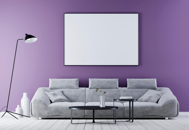 Mock up quadro de cartaz na moderna sala de estar interior vintage com renderização 3d de sofá de couro branco