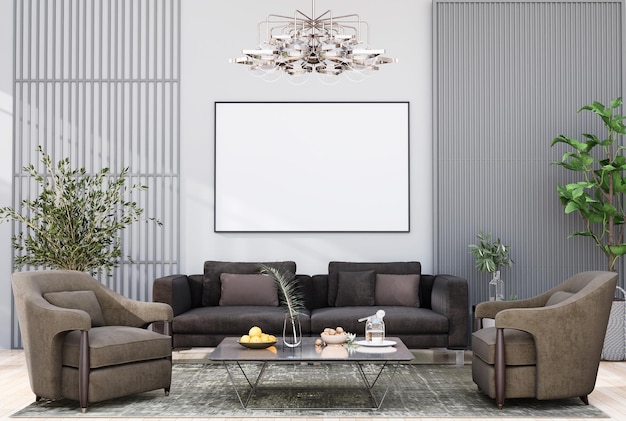 Mock up quadro de cartaz no interior moderno, quartos totalmente mobiliados, fundo da sala de estar