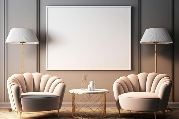 mock up quadro na parede mesa de café e lâmpada de chão na frente de modernas poltronas elegantes 3d render