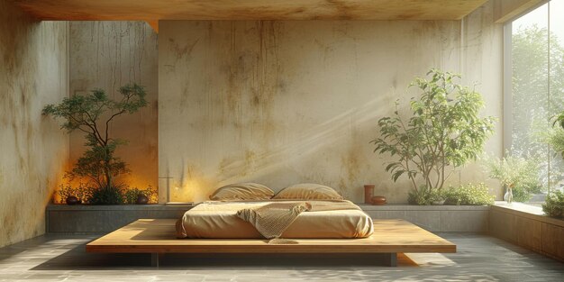 Foto mock up quarto brilhante com uma cama grande confortável e um fundo elegante brilhante d renderização