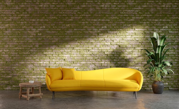 Foto mock up quarto com parede de tijolos de musgo e sofá amarelo renderização de ilustração 3d