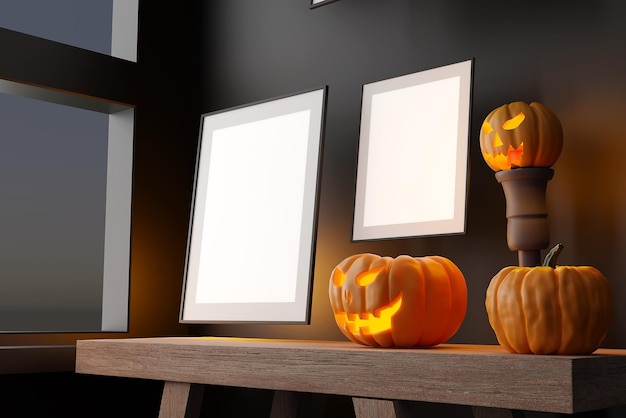 Mock-up schwarzer rahmen mit jack o laterne und kürbisdekor auf einem schreibtisch halloween-konzept d render
