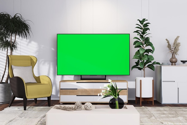 Mock up smart TV com chroma key no interior moderno totalmente f