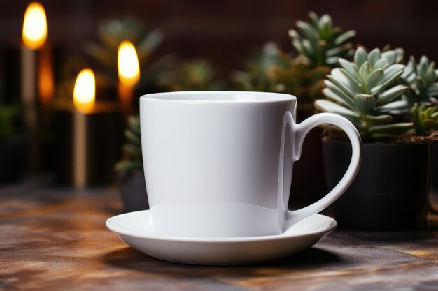 Mock up de una taza blanca en blanco con bokeh navideño y conos en el fondo