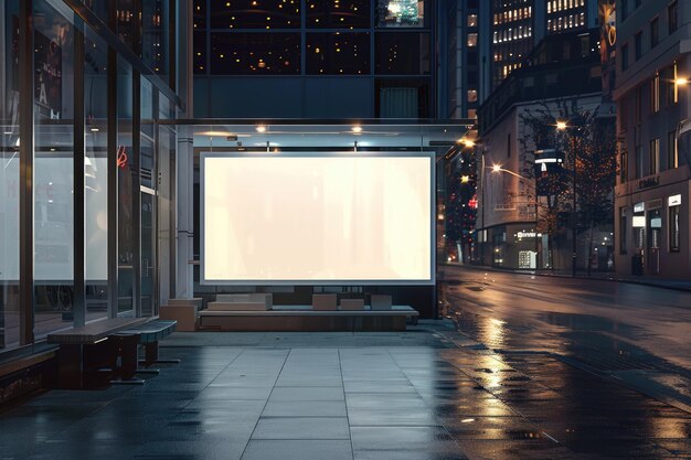 Mock up de una tienda en blanco ventana de la calle en una ciudad por la noche vista delantera