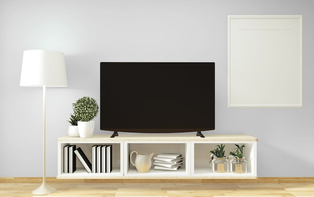 Mock up TV gabinete y pantalla con diseño minimalista y decoración de estilo japonés.